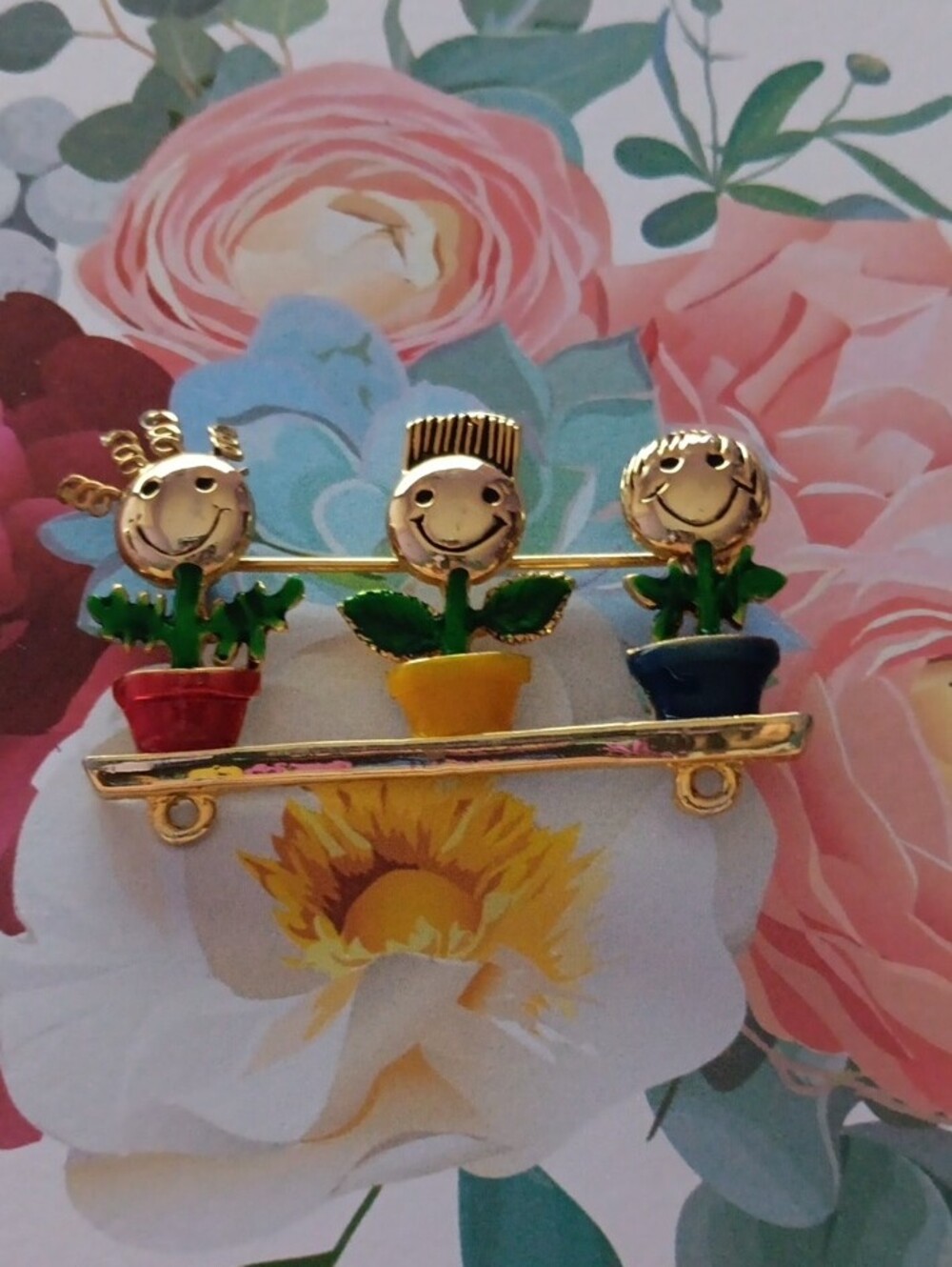 Vintage Gold-Tone Smiling Children Flower Pot Brooch